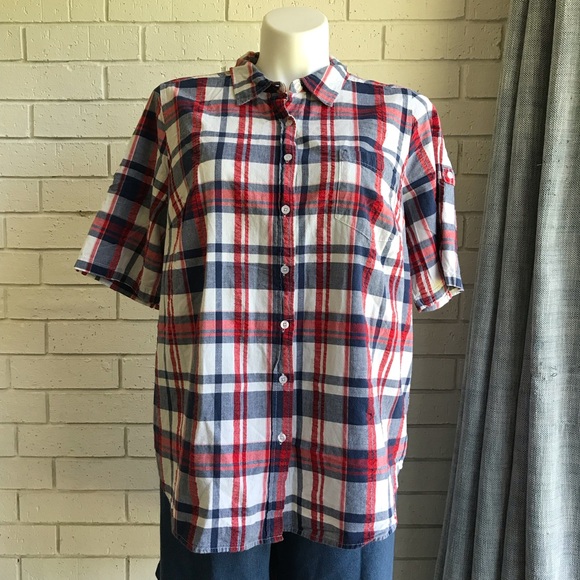 Cotton Shirt Button Down Roll Tab Short Sleeve Red White Blue Woman Within Sz 1X - Picture 1 of 10
